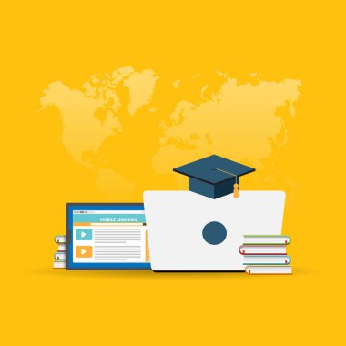Vektör çizim kitapları ile online ders kavramı ve kolej tasarım öğesi ile dizüstü bilgisayar.