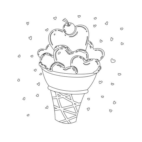 Vector Illustration Line Style Hearts Ice Cream Dessert — Stock Vector
