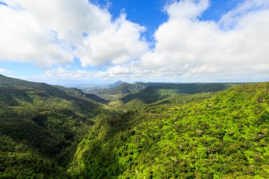 Black River Gorges Milli Parkı'nın panoramik manzarası, Mauritius'taki Gorges Bakış Açısı. Bu nemli yayla orman, kuru ova ormanı ve bataklık fundalık dahil olmak üzere 67,54 km bir alanı kapsamaktadır.