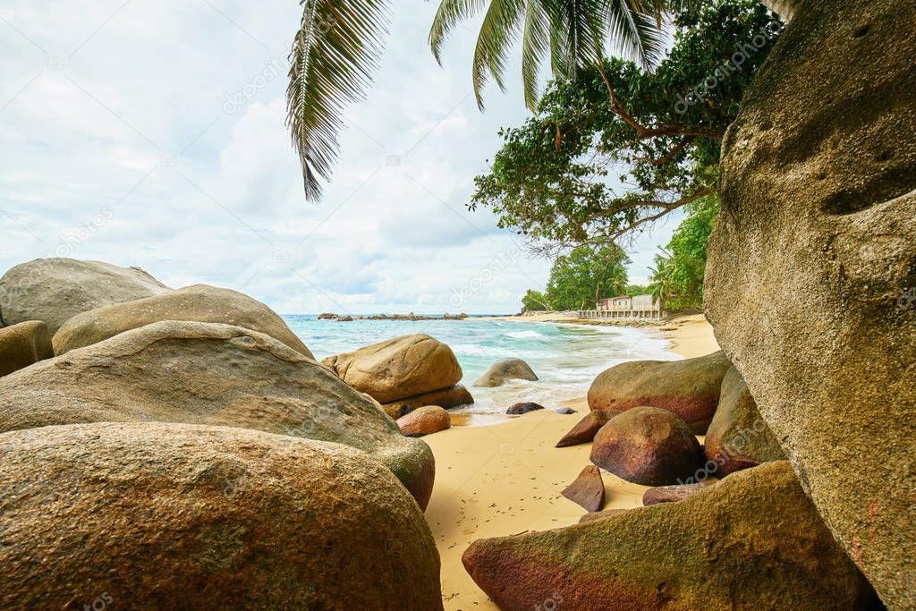 Mahe seychelles beach with famous rocks