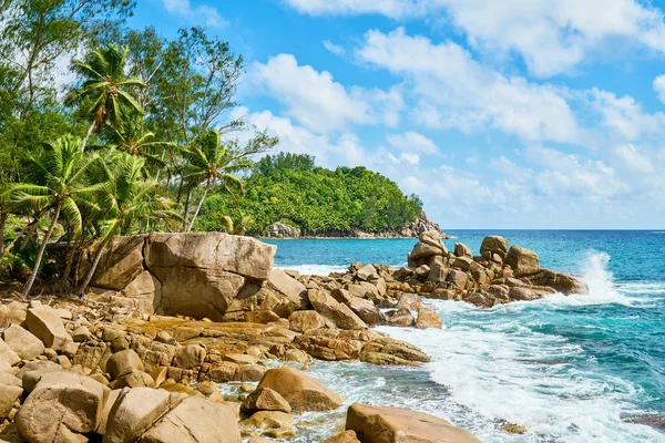 Krásný ráj na pláži Anse bazarca. bílý písek, tyrkysová voda, Palmové stromy, žulové horniny, Seychely — Stock fotografie