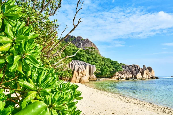 Anse Source d'Argent - rocce granitiche sulla bellissima spiaggia dell'isola tropicale La Digue alle Seychelles — Foto Stock