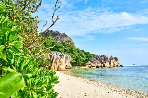 Anse Source d'Argent - rocce granitiche sulla bellissima spiaggia dell'isola tropicale La Digue alle Seychelles — Foto Stock