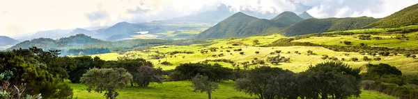 Arka planda Piton des Neiges masif ile Plaine des Cafres plato manzara görünümü, Reunion Adası