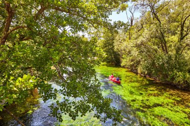Fontaine de Vaucluse'daki Sorgue Nehri'nde kayaklar. Vaucluse, Provence, Fransa, Avrupa