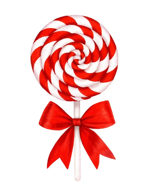 Striped Lollipop Red Bow Watercolor Illustration Isolated White Background Suitable — Stock Photo, Image