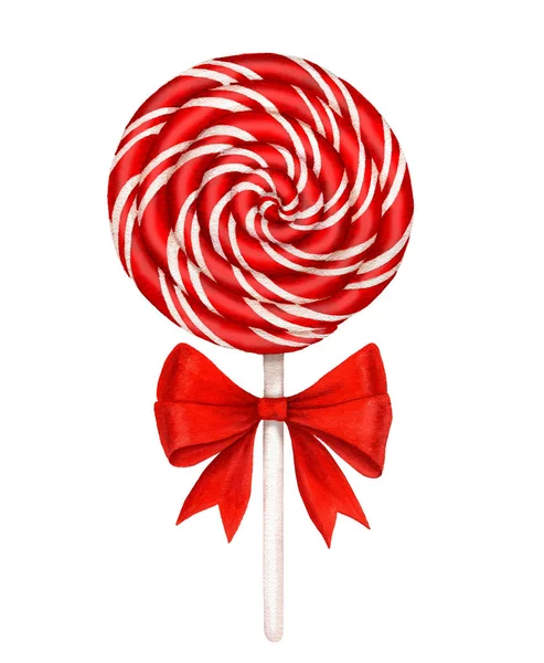 Striped Lollipop Red Bow Watercolor Illustration Isolated White Background Suitable — Stock Photo, Image