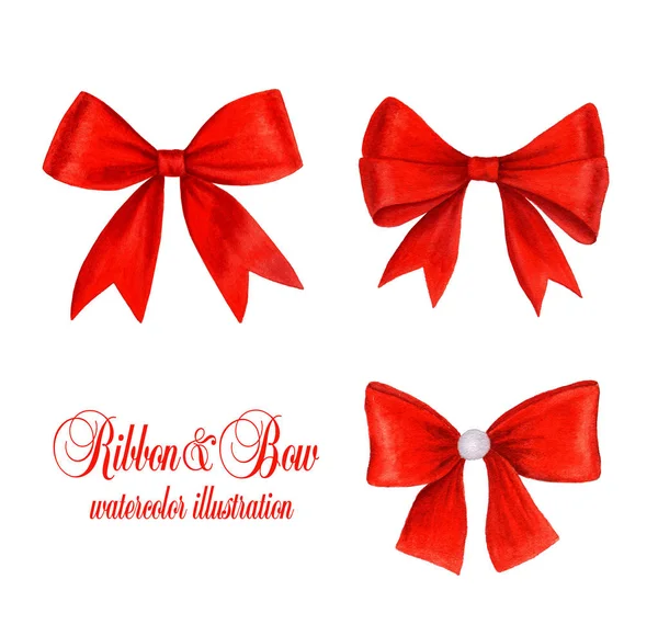 Collection Red Bows Watercolor Illustration Isolated White Background Suitable Holiday — Stock Photo, Image