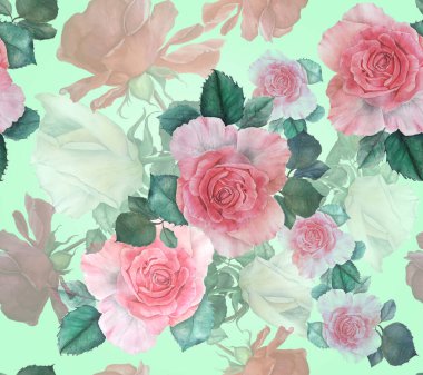 Pembe, beyaz ve kırmızı güller ve yeşil yapraklarla kusursuz attern, yeşil arka planda suluboya çizimi