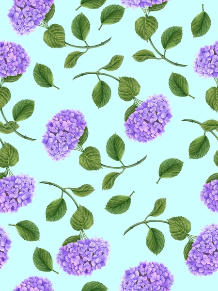 Απρόσκοπτη Floral Σχέδιο Λουλούδι Ορτανσία Πράσινα Φύλλα Υδατογραφία Βοτανική Απεικόνιση — Φωτογραφία Αρχείου