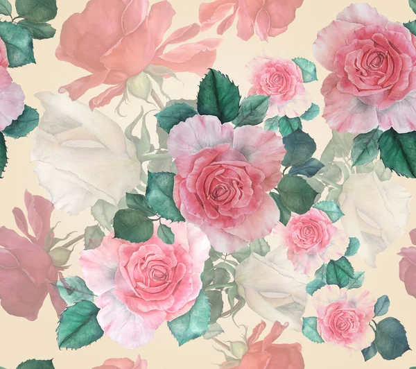 Seamless pattern with pink, white and red roses and green leaves, watercolor botanical illustration on a yellow background