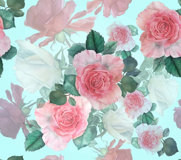 Seamless attern with pink, white and red roses and green leaves, watercolor botanical illustration on a blue background