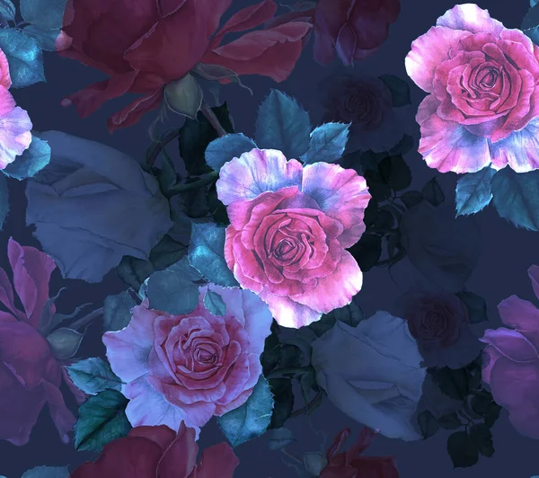 Seamless attern with pink, white and red roses and green leaves, watercolor botanical illustration on a dark blue background