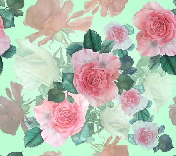 有粉红 红玫瑰和绿叶的无缝隙花冠 绿色背景上的水彩画 — 图库照片