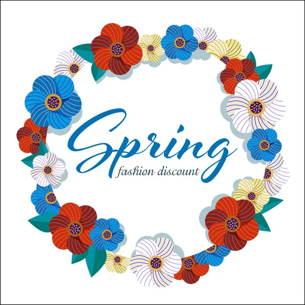 Beautiful Vector Wreath Blue Red White Yellow Flowers White Background — Stock Vector