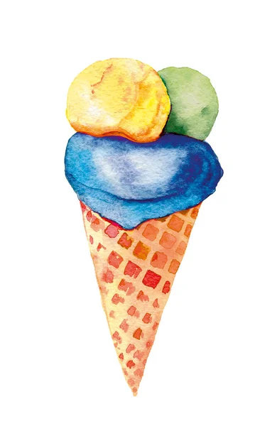 Colorful Vanilla Mint Pistacio Ice Cream Waffle Cone Vintage Watercolor — Stock Photo, Image