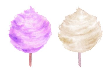 Böğürtlen ve vanilyalı pamuk şekerler, yemek tasarımları için beyaz bir zemin üzerinde izole edilmiş suluboya çizimleri.