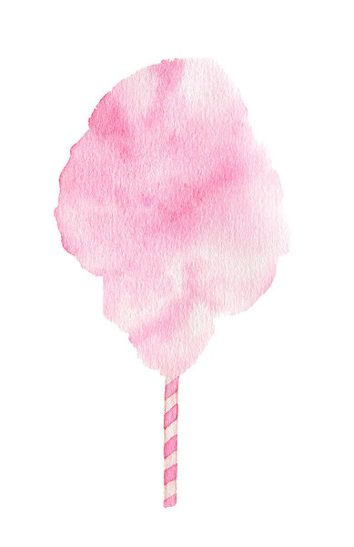 Розовая сахарная вата в полосатых палочках винтажная акварельная иллюстрация