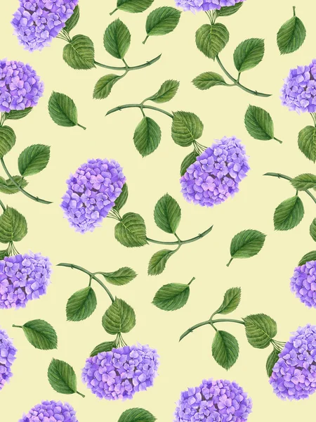 Απρόσκοπτη floral μοτίβο με άνθη ορτανσίας με πράσινα φύλλα — Φωτογραφία Αρχείου