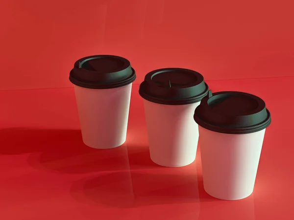 3d model of paper cups on the plane under natural light. Red bac — Stock Photo, Image