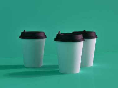 Uçaktaki kağıt bardakların 3 boyutlu modeli doğal ışık altında. Turkuoi