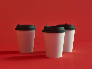 Uçaktaki kağıt bardakların 3 boyutlu modeli doğal ışık altında. Kırmızı torba.