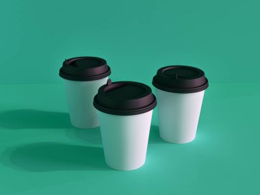 Uçaktaki kağıt bardakların 3 boyutlu modeli doğal ışık altında. Turkuoi