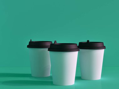 Uçaktaki kağıt bardakların 3 boyutlu modeli doğal ışık altında. Turkuoi