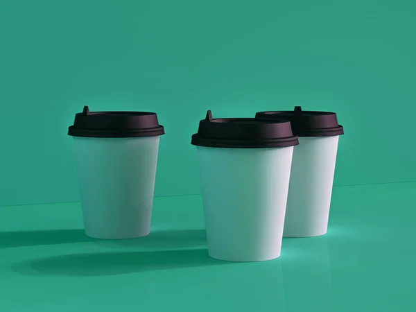 3d model of paper cups on the plane under natural light. Turquoi — Stock Photo, Image
