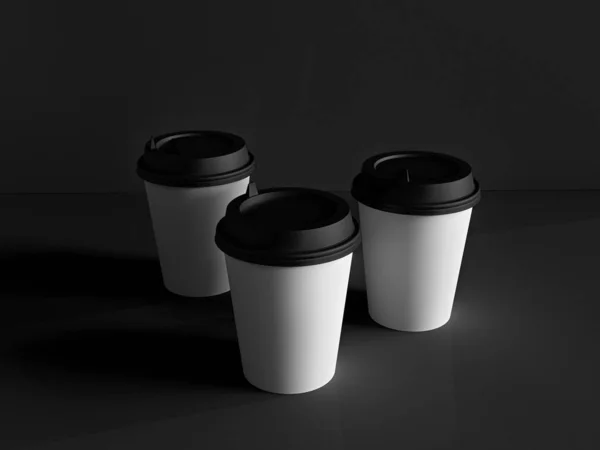 Modelo 3d de vasos de papel en el plano bajo luz natural. Negro b — Foto de Stock