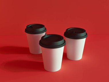 Uçaktaki kağıt bardakların 3 boyutlu modeli doğal ışık altında. Kırmızı torba.