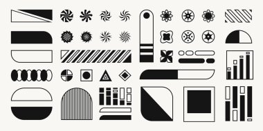 Soyut, kalın şekiller ve semboller, geometrik sanat, tabelalar ve dekoratif elementlerin acımasız retro stili. Vektör vintage etiketleri.