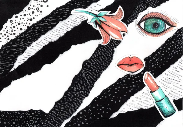Collage w stylu magazynu mody z szaloną dziewczyną usta i oczy. Dziewczyna usta i oczy zbliżenie z makijaż szminki. Kwiat, oko, szminka i usta na czarno-białym tle graficznym — Zdjęcie stockowe