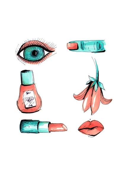 Collage in a fashion magazine style with girl lips and eyes. Girl mouth and eyes close-up with lipstick makeup. Nail polish, finger, flower, eye, lipstick and lips on white background