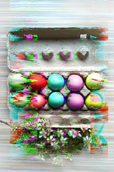 Painted eggs in egg tray. Happy easter. Spring holiday. Holiday celebration, preparation. Egg hunt. Flower. Healthy and happy holiday. copy space. Happy about Easter — Stock Photo, Image