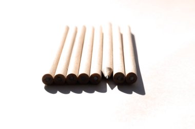 Parlak gün ışığında masada 8 kalem var. Doğal boyasız ahşap. Çevre dostu malzemeler. Herkes gibi değil.