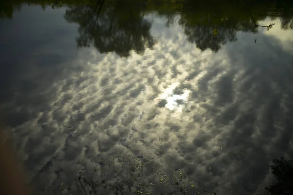 Céu Nuvens Árvores Reflexão Água Rio Ondulações Água — Fotografia de Stock