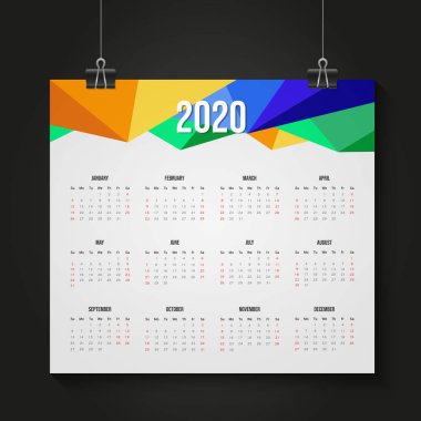 2020 yılı yıllık takvim planlayıcısı