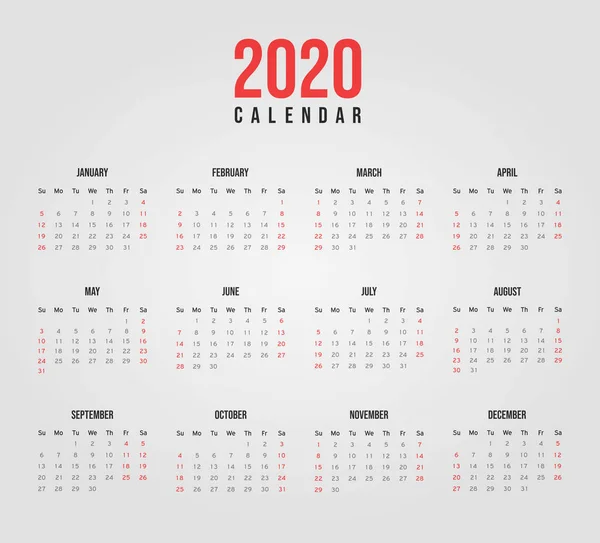 Jahr 2020 Jahreskalender Planer — Stockvektor