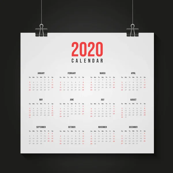 Rok 2020 Roczny Terminarz Kalendarza — Wektor stockowy