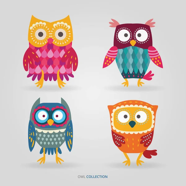 Cute Artistic Owls Vector Set — Stock Vector