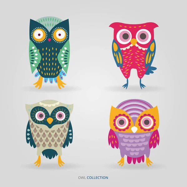 Cute Artistic Owls Vector Set — Stock Vector