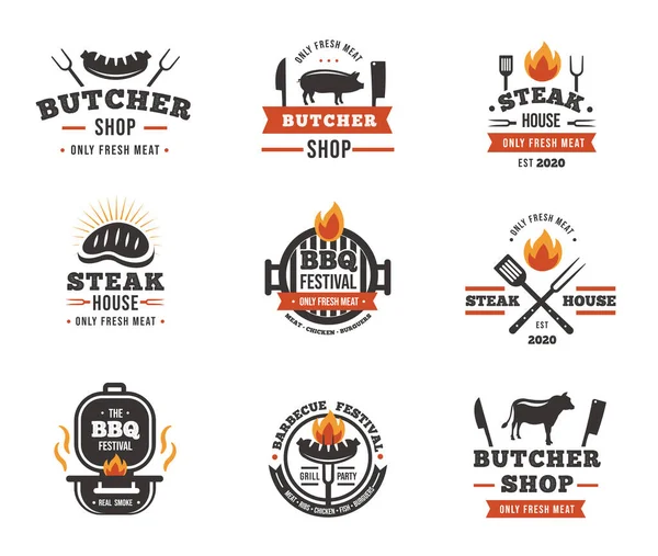 Juego Emblemas Carnicero Barbacoa — Vector de stock