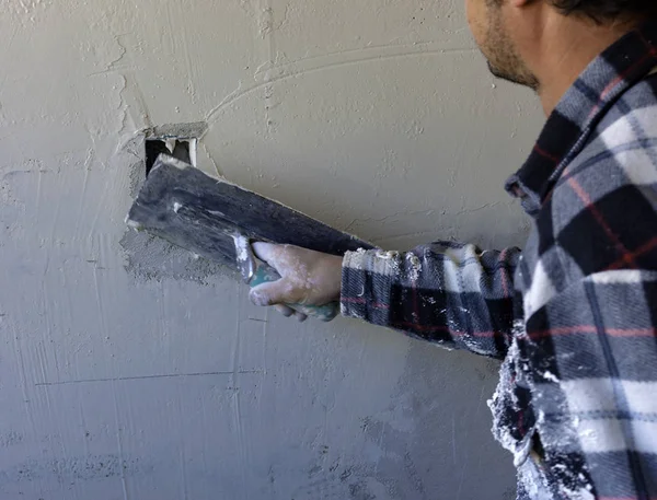 Worker Plastering Tool Plaster Marble Interior Plaster Rough Selective Focus — Stock Photo, Image