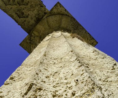 bir Yunan Tapınağı arkeolojik park Paestum, Salerno - İtalya içinde bir sütunun altındaki göster
