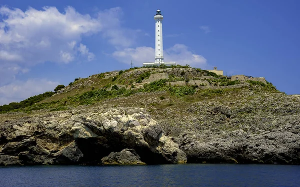 Visa Från Havet Vit Fyren Santa Maria Leuca Apulien Italien — Stockfoto