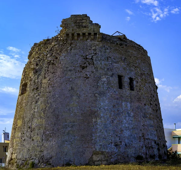 Antik Watchtower Harabe Akdeniz Deniz Leuca Apulia Talya — Stok fotoğraf