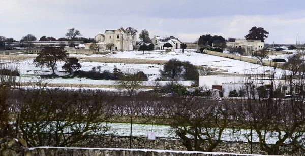 Rural Countryside Puglia Countryside Dry Walls Masseria Sprinkled Snow — Stock Photo, Image