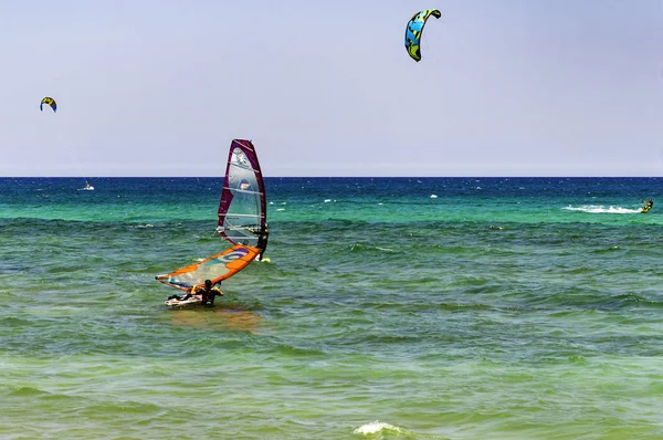 Windsurfers Και Kitesurfers Ιστιοπλοΐα Στην Παραλία — Φωτογραφία Αρχείου