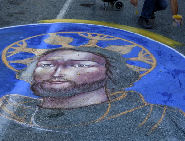 Pintor Pintado Sobre Asfalto Imagen Del Camino Los Santos Durante — Foto de Stock